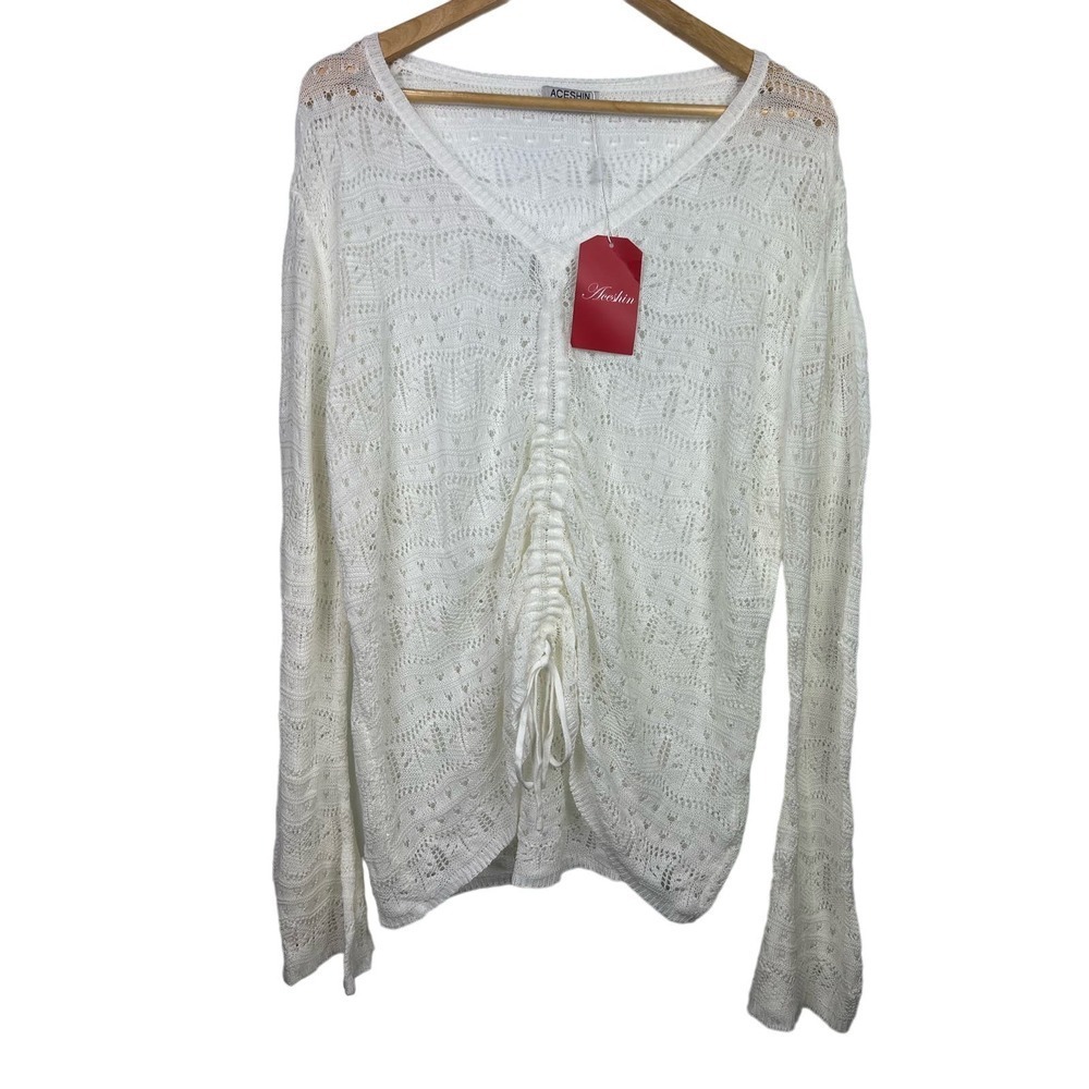 NWT Aceshin Cream Loose Crochet Adjustable Cinched Cropped Sweater‎ Top XXL